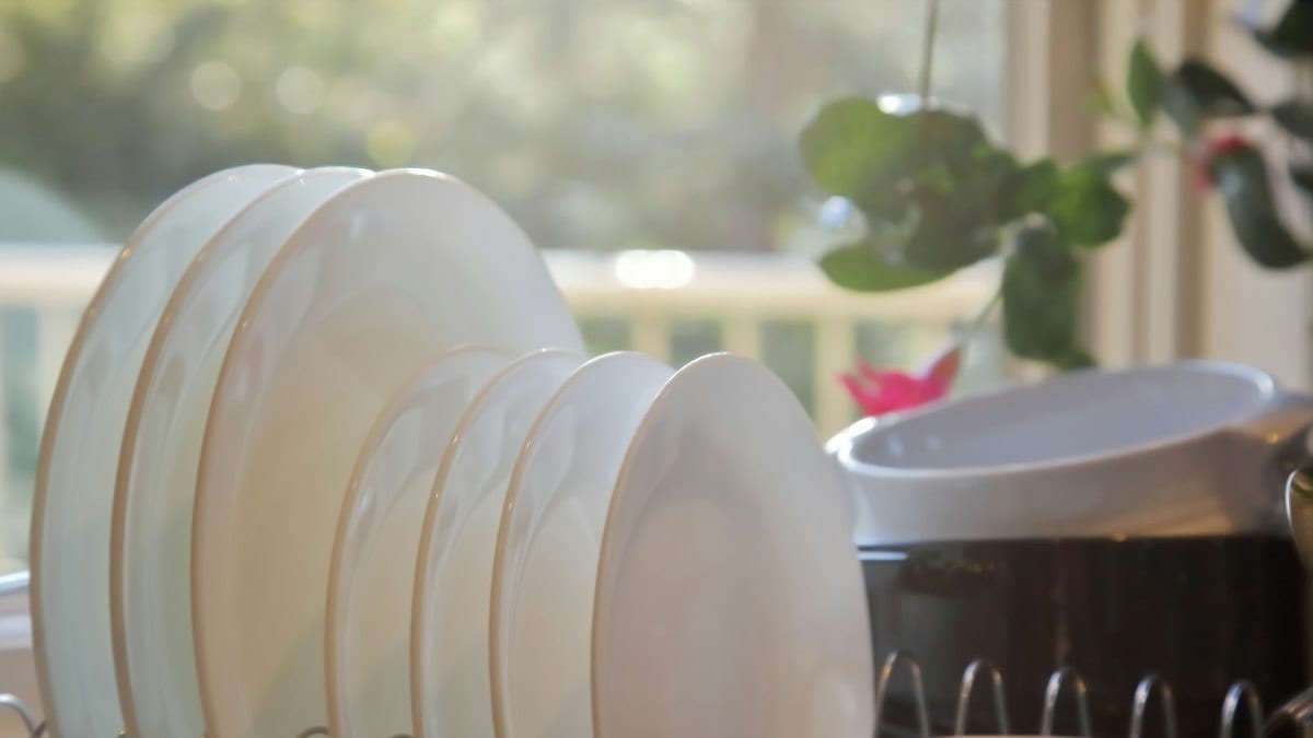 Sunlight illuminates white plates and bowls in a dish rack