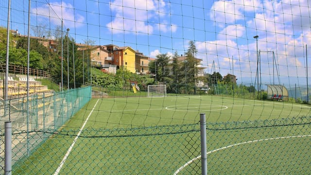 Soccer field with goal and surrounding buildings.