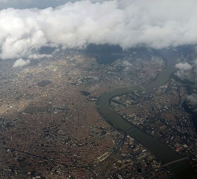 Bordeaux city centre aerial view 2025